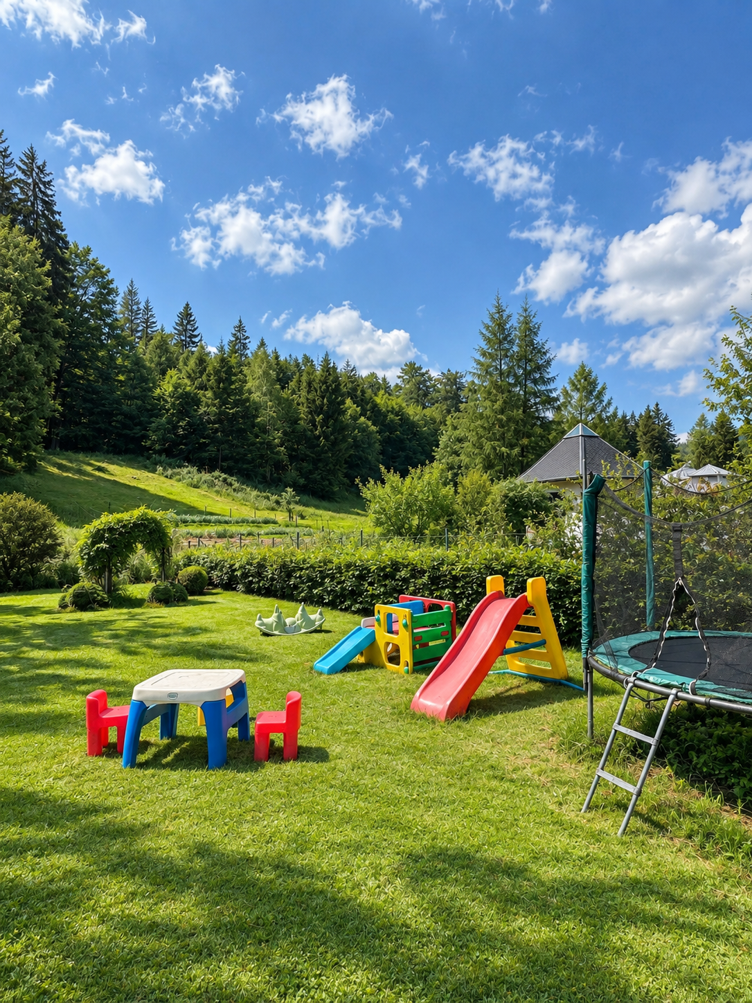 Dětské hřiště s trampolínou na zahradě u lesa